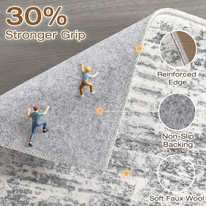 Runner Rug Non-Slip Kitchen Rug: 3x8 Washable Abstract Modern Soft Stain Resistant Indoor Floor Neutral Accent Throw Carpet for Hallway Bathroom Laundry Room Bedroom Entryway- Grey
