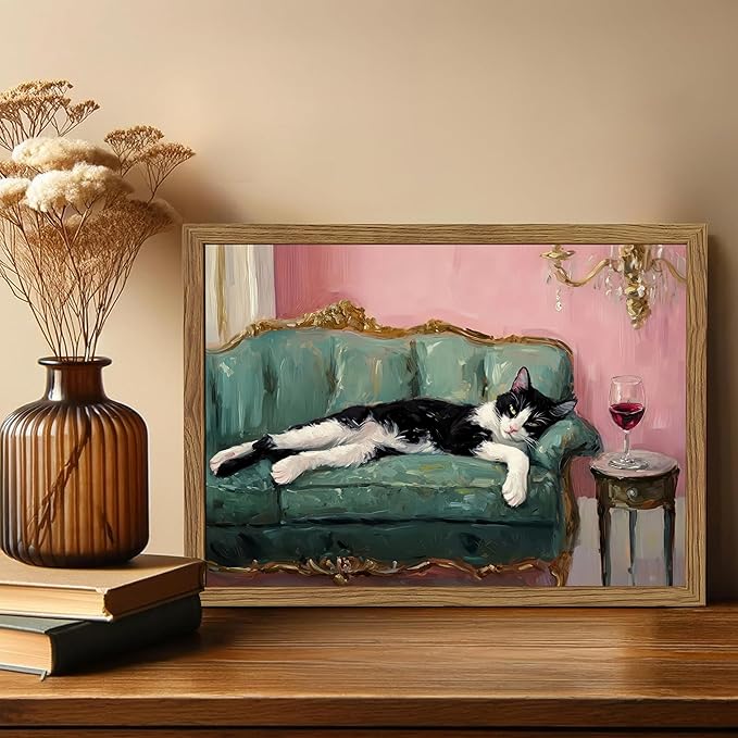 Fun Cat Wall Art Cute Tuxedo Cat With Red Wine Wall Decor Whimsical Animal Cocktail Bar Cart Canvas Poster Quirky Pet Lover Picture Print for Dining Room Living Room Wood Framed 12x16 inch