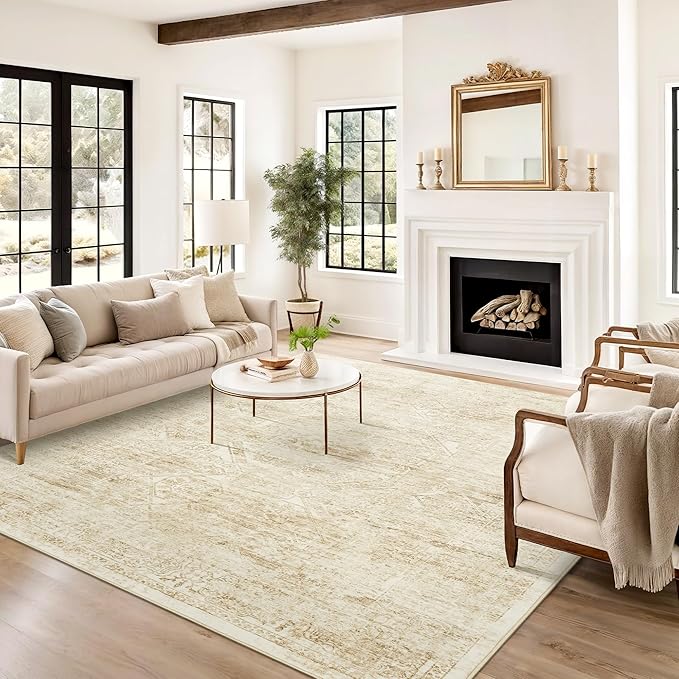 Soalmost 6x9 Area Rug for Living Room Floral Washable Non-Slip Modern Rugs for Bedroom Dinning Room Ultra-Thin Indoor Beige