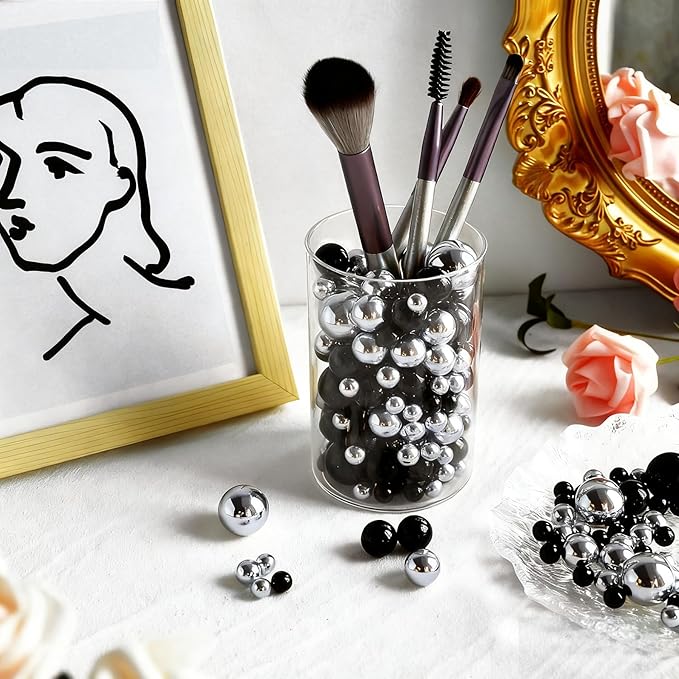 1400Pcs Black and Bright Silver Vase Filler Pearl Beads for Crafting 8mm Beads No Holes Decor Suitable for Wedding Decor, Party Decorations, Centerpiece Table Decorations