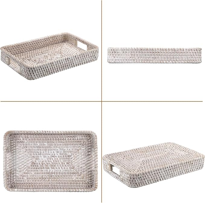 Hipiwe Hand Woven Tray with Handle Whitewash Rattan Serving Tray for Storage Rectangular Wicker Basket Tray for Key Remote Fruit Dessert Plate, 11.8 x 7.9 x2 Inch