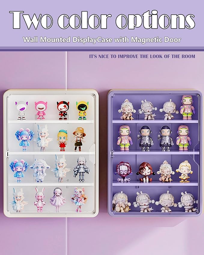 HGYZE Clear Display Case for Figures, 15.75" High, Wall Mounted Shelf with Magnetic Door, Hanging Display Case for Collectibles Action Doll Blindboxes Storage (Purple, 4-Layer 1 Pack)