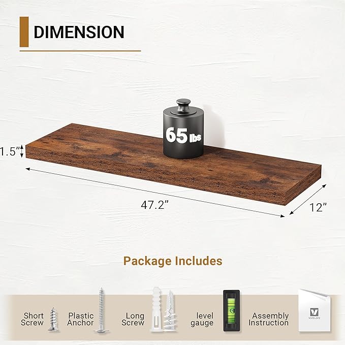 Vivelove 12 Inch Deep Floating Shelves for Wall, 47.2x12 Shelves with Invisible Brackets, for Living Room Bedroom, Farmhouse Rustic Shelves Home Decor, Set of 2, Rustic Brown