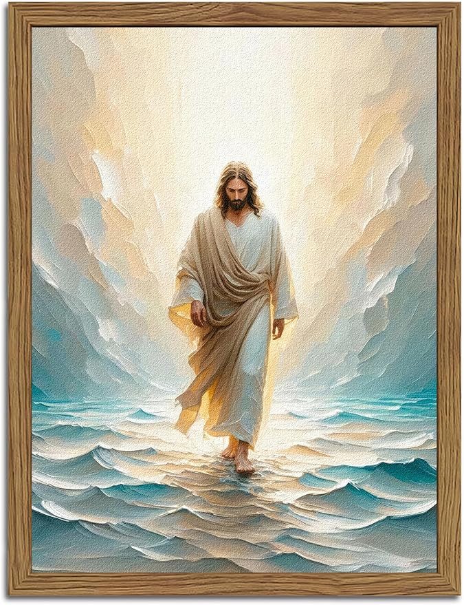 Framed 3D Textured Jesus Walking On Water Wall Art, Hand Drawn Sandstone Christian Wall Decor Painting Religious Savior Pictures for Living Prayer Room Bedroom 16x24 in Wood Framed