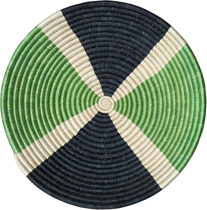 Handwoven African Sisal Basket Bowl Handmade Woven Fruit Bowl, Decorative Wall Basket for Home Décor, Living Room Centerpiece Gifts Zen Design Arts and Crafts (Light Green Black Cream, 8in diameter)