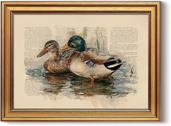 InSimSea Gold Framed Canvas Prints Wall Art, Vintage Nursery Decor, Mallard Duck Animals Paintings Farmhouse Wall Decor, Antique Pictures for Bedroom Living Room Shelf Gift, 12x16inch