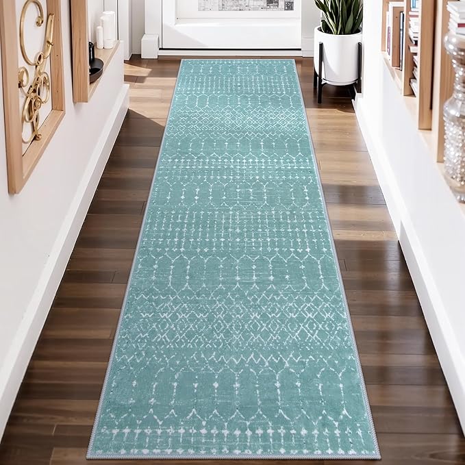 Lahome Moroccan Green Runner Rug 2x6 Washable Non-Slip Hallway Rug Runner Kitchen Throw Untra-Thin Entryway Carpet, Geometric Print Distressed Floor Mat for Hallways Bedroom Hana