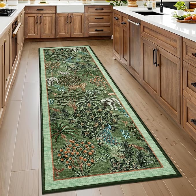 GarveeHome Jungle Rug 2.5x10 Kitchen Runner Rug Non Slip Washable Runners for Hallways, Animal Print Runner Rugs with Rubber Backing Low-Pile Long Carpet for Bedroom Entryway Laundry, Forest Green