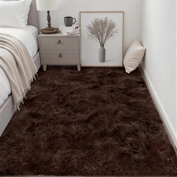 6x9 Area Rugs for Living Room Bedroom: Ultra Soft Fluffy Shag Rug Upgrade Non-Slip Non-Shedding Large Fuzzy Plush Carpet Indoor Floor Carpets for Kids Room Playroom Nursery Dorms Home Decor Brown