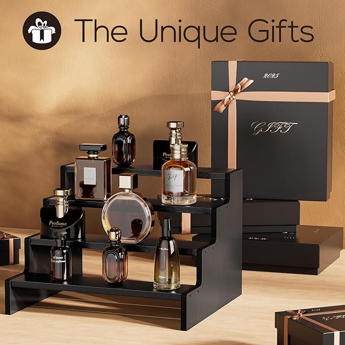 ProCase Wooden Cologne Organizer for Men, 4 Tier Perfume Organizer, Mens Cologne Stand Holder Storage, Display Riser Shelf Rack for Fragrances Candles Cosmetics Cupcake Figure Spice -Black