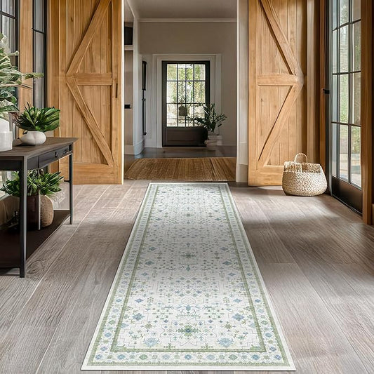 Hazo Haus Oushak Wide Hallway Runner Rug 2'6"x8' - Vintage Turkish Floral, Washable Low Pile Non Slip Extra Long Runners for Kitchen, Hall Way - Cream Blue and Green