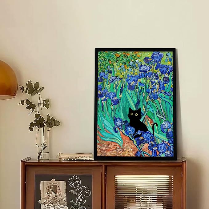Fantasy Artists Van Gogh Irises Cat Wall Art, Framed Vintage Garden Canvas Wall Decor, Funny Black Cat Poster Prints, Paintings,Bathroom,bedroom,Living Room Artwork Decorations 12" Wide X 16" Height