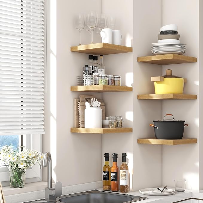 Square Floating Shelves for Wall 12"W x 12"D x 1.2"H, Small Engineered Wood Wall Shelves with Invisible Brackets for Living Room Bedroom Bathroom Office Kitchen Storage Decor, Oak Finish, Set of 3