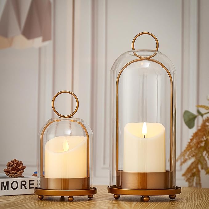 Hurricane Metal & Glass Candle Holder Gold Set of 2, Decorative Candlestick Pillar Candle Holder with Clear Glass for Wedding Party Christmas Holiday Dining Table Centerpiece Lanter
