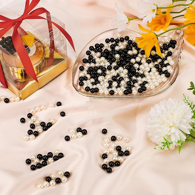 Suream 1300PCS Ivory and Black Makeup Brush Beads with Luster, 8mm/0.31inch Round No Hole Faux Vase Filler Pearls for Table Scatter, Wedding Centerpiece, Craft, Jewelry Making, Christmas, Home Decor