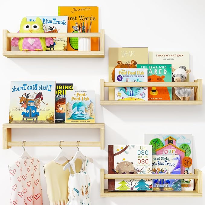 Fixwal Nursery Book Shelves, 16.5 Inch Floating Nursery Bookshelves, Set of 4, Solid Wood Wall Mounted Shelves for Books and Toys Storage (Natural Wood)