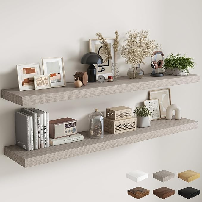 Fun Memories 72 Inch Floating Shelves, 12 Inch Deep Wall Shelf for Fireplace Mantel, Large Display Shelf & Storage Shelf, Wood Floating Wall Shelves for Home & Office, Grey, Set of 2