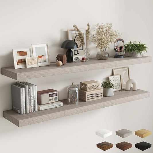 Fun Memories 72 Inch Floating Shelves, 12 Inch Deep Wall Shelf for Fireplace Mantel, Large Display Shelf & Storage Shelf, Wood Floating Wall Shelves for Home & Office, Grey, Set of 2