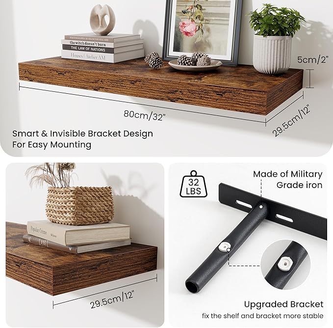 Fun Memories 32 x 12 Floating Shelves Wall-Mounted - Rustic Wood Shelf - 12 Inch Deep Floating Shelves for Wall - Large Storage Shelf for Bathroom - Kitchen & Bedroom - Rustic Brown - Set of 2