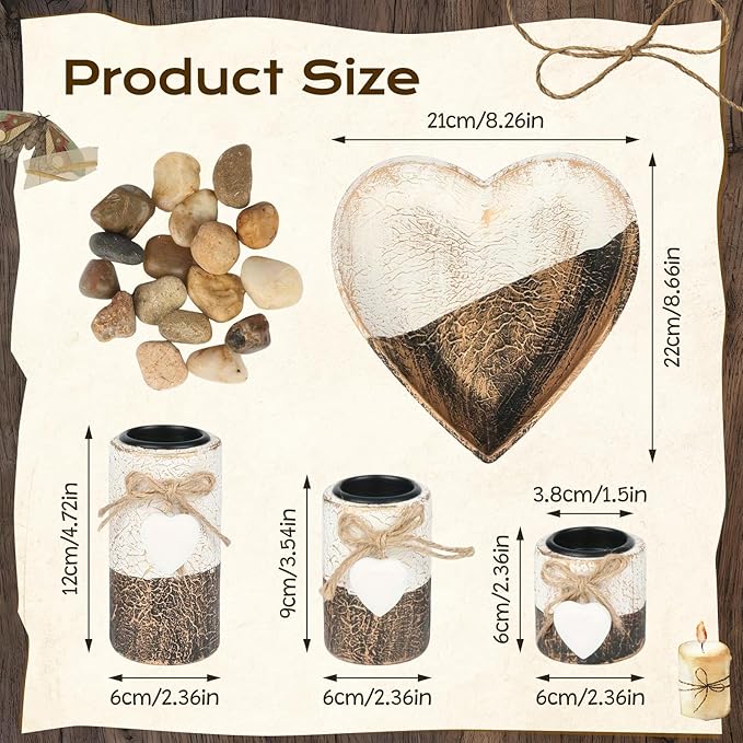 Farmhouse Candle Holders 3 Pack Rustic Wooden Pillar Candle Holder with Heart Tray and Stones Tealight Candles Holders Farmhouse Centerpiece for Coffee Table Mothers Day Valentines Home Decor