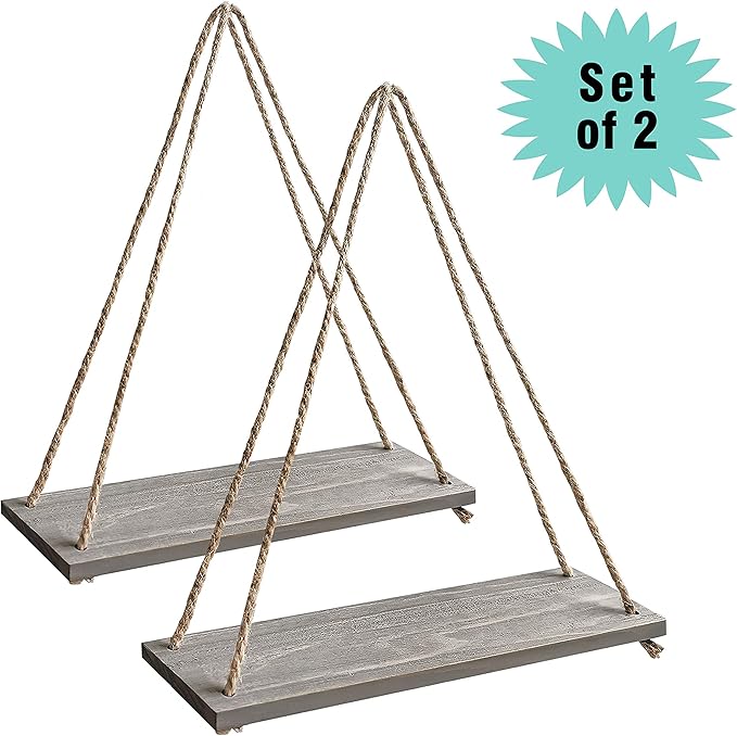 17 x 5 inch Wall Hanging Floating Shelves, Distressed Wood Farmhouse Organizer, Rustic Home Décor for Living Room Bathroom Bedroom Kitchen Apartment, Set of 2, Gray Wash