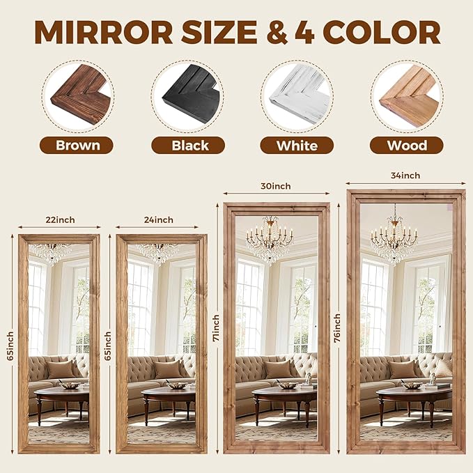 Full Length Wood Mirror 76x34 Rustic Solid Wood Floor Mirror with Triple Layer Frame, HD Tempered Glass, Wall Mounted or Leaning Standing Mirror Light Brown Mirror for Bedroom Bathroom Living Room