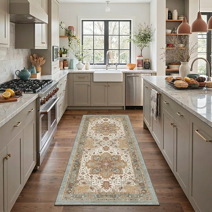 GENIMO 5x7 Area Rugs for Living Room, Machine Washable Rug, Non Slip Indoor Vintage Carpet, Low Pile Lightweight Chenille Print Carpet for Bedroom Dining Room Home Office, Warm Taupe Medallion