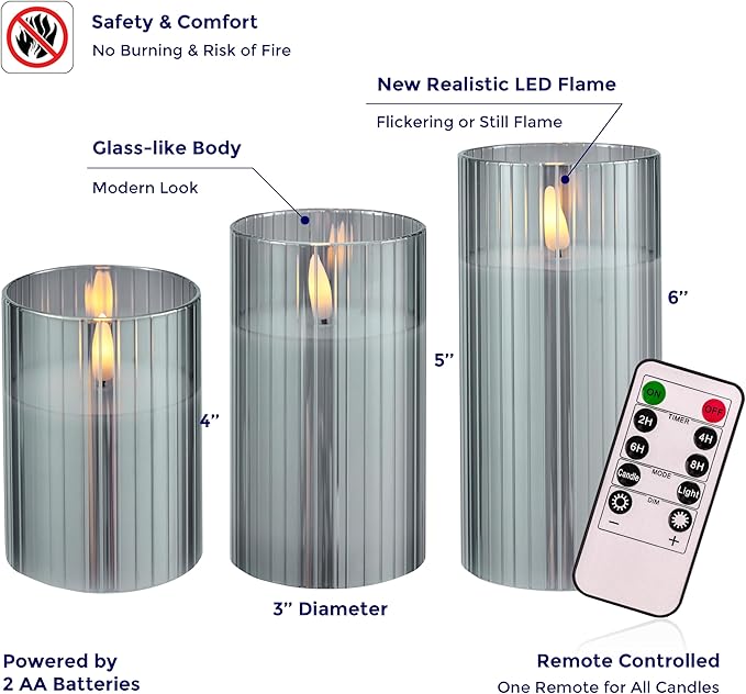VENTA Flickering Flameless Candles With Remote Control - Led Candles Battery Operated - Battery Operated Candle For Decoration Table, Timer & Dimmer Features, Set - 3Pcs (4",5",6") (Grey Ribbed Glass)