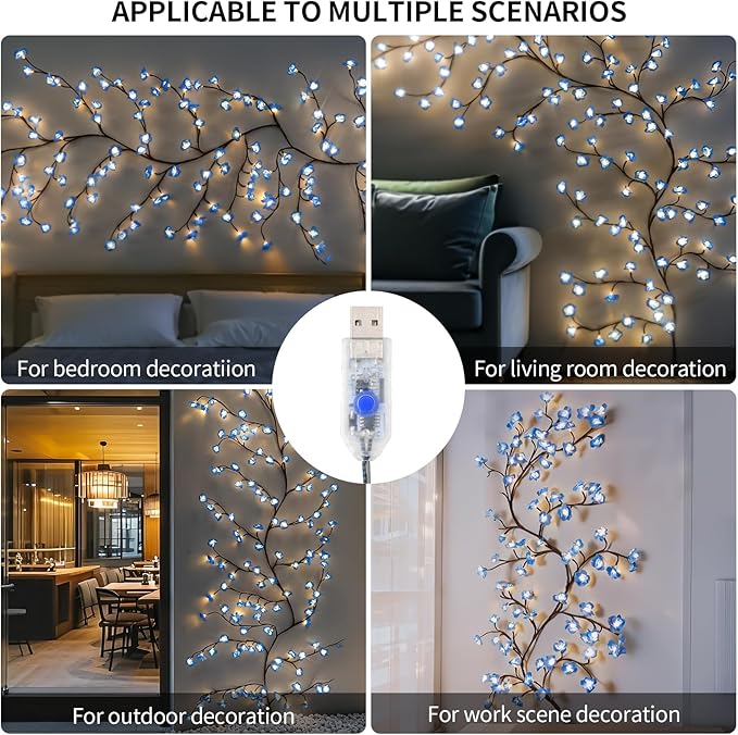 FNHMSL Cherry Enchanted Willow Vine Lights, 7.55FT 144LED Blue Cherry Blossom Tree Branch Lights for Wall, Remote Timer,8 Light Model,Bedroom Wall Doors Wedding, Christmas, USB Battery Box