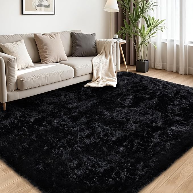 4x6 Area Rug for Living Room:Ultra Soft Fluffy Shag Black Rugs,Large Fuzzy Plush Indoor Non Slip Carpet Washable Rug for Bedroom Kids Nursery Office Dorm Modern Decor(Black 4'x6')