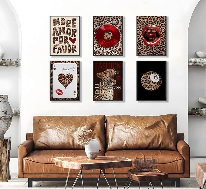6pcs Fashion Leopard Wall Art Prints Leopard Lucky 8 Ball Poster Ace of Hearts, Spades Poker Canvas Prints Vintage Preppy Room Aesthetic Cheetah Wall Decor for Teen Girls Bedroom Dorm Apartment Living Room Decor Unframed
