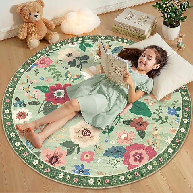 RELEANY Floral Nursery 4ft Area Rugs Washable Print Boho Cute Carpet Non Slip Flower Low Pile for Living Room Kids Girls Playroom Bedroom Kitchen Office Farmhouse-Light Green