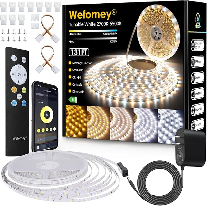 Wefomey White LED Strip Lights, Dimmable Bright 24V Flexible Tape Light with Remote and App Control, UL-Listed Power Supply, 2700K-6500K White Lights for Bedroom (1 Rolls of 131ft)