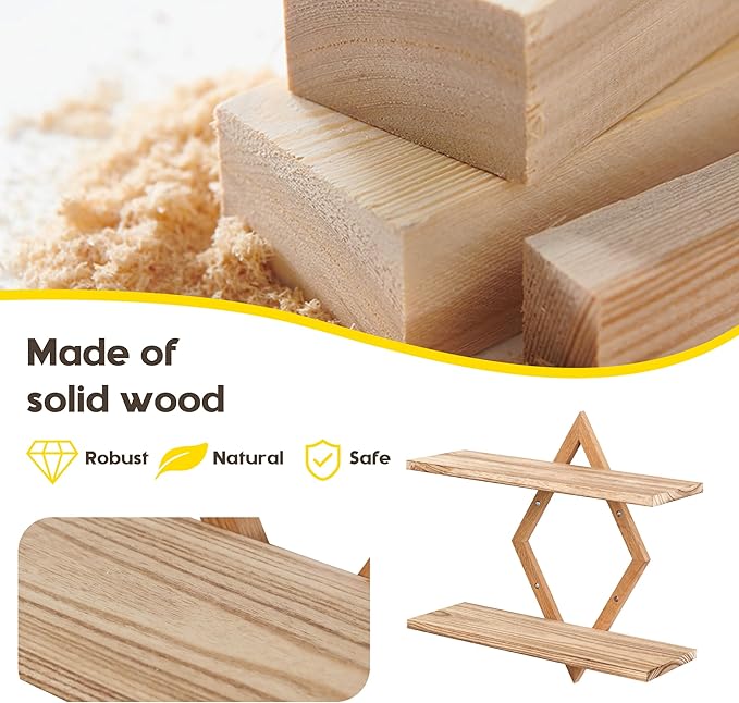 Floating Shelves for Wall,Decorative Wall Shelf,2 Tier Hanging Shelf for Plants Storage Display Holder,Indoor Decor for Living Room Home Office Bathroom Bedroom,Solid Wood,Diamond Shaped,2 Pack