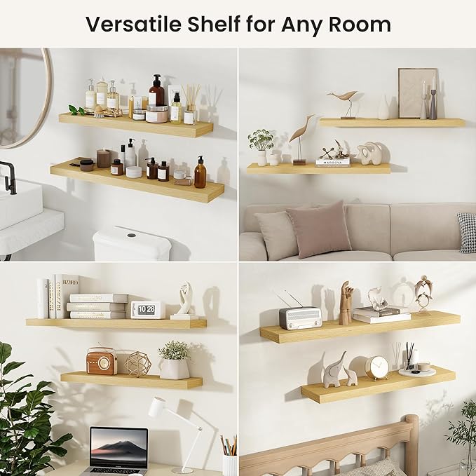 Fun Memories Rustic Wood Floating Shelves for Wall, Space-Saving Wall Mounted Shelves for Bathroom, Bedroom, Living Room and Kitchen, Stylish Storage & Display (Set of 2, Oak, 66 in)