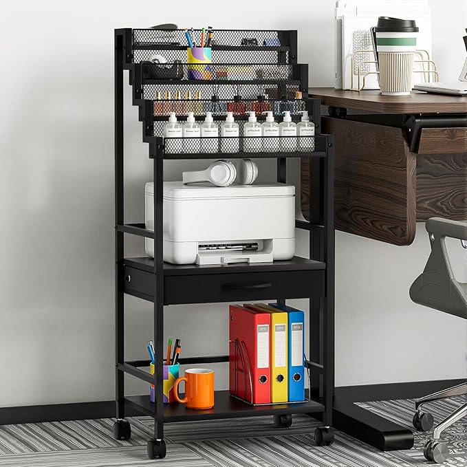 4-Tier Men's Cologne & Accessory Organizer with Drawer & Wheels, Sleek Industrial Wooden & Metal Perfume Display Rack for Cologne Bottles, Aftershave & Grooming Essentials, Multi-Functional Fragrance Storage Stand, Black