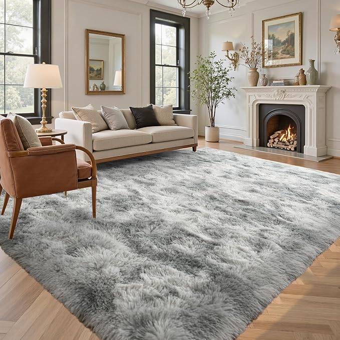 9x12 ft Rug for Living Room Fluffy Grey White Shag Rug Non-Slip Area Rugs Carpet for Bedroom Nursery Kids PlayRoom Dorm Office Indoor Modern Plush Carpets