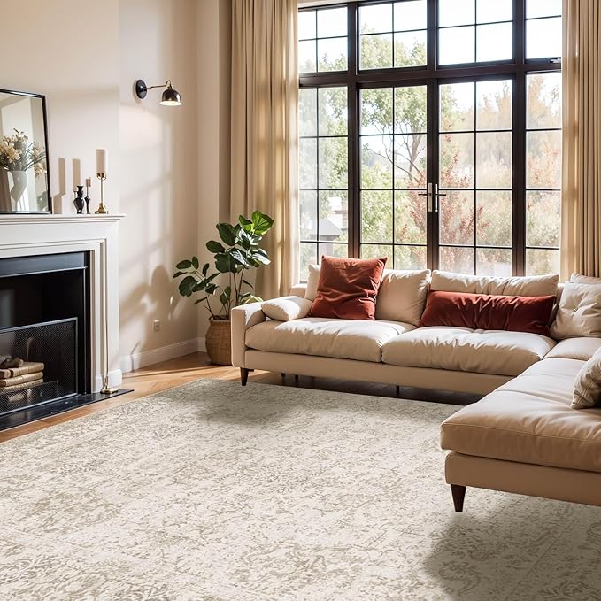 Rugxara 6x9 Washable Area Rug for Living Room, Vintage Neutral Large Boho Rugs for Office, Dining Room, Kids Room, Farmhouse, Durable Low Pile Non Slip Carpet for High Traffic Areas, Light Bown