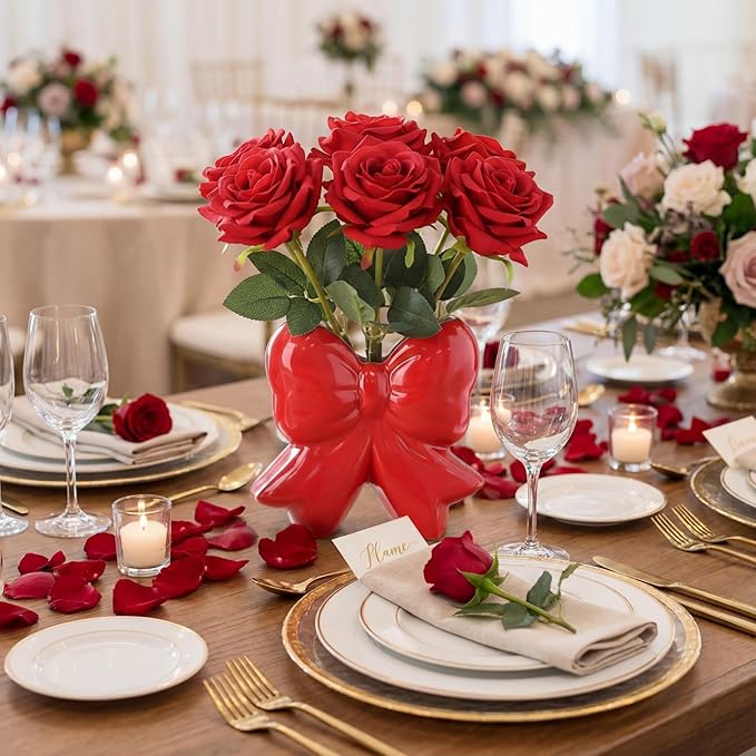 Jingmore Bow Vase Coquette Ceramic Vase Pen Holder Makeup Brush Holder Contemporary Design Decorative Women Gift for Christmas Home Office Shelf Table Room(Red,Small,Classic)