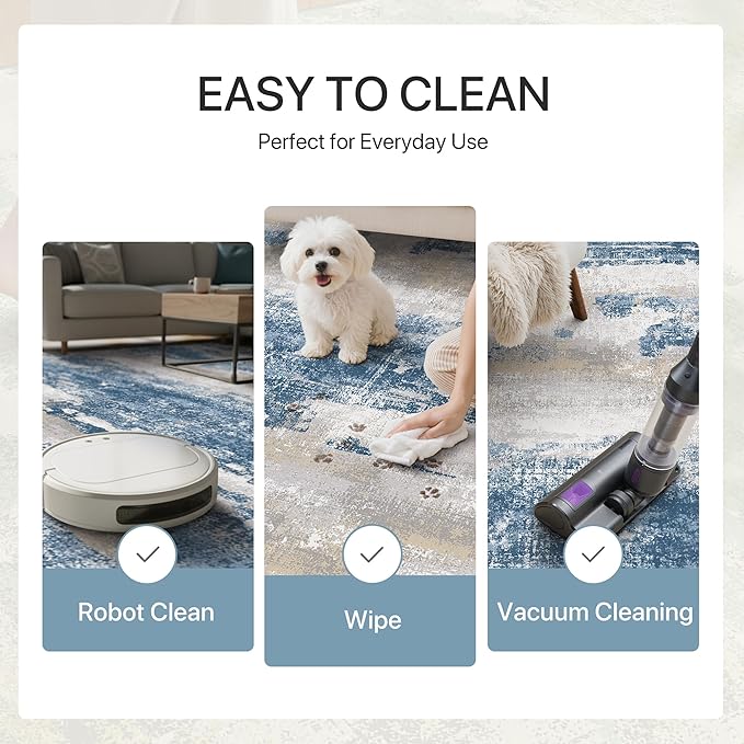 GENIMO No Crease Non Slip 8x10 Area Rugs for Living Room, Craft Woven Modern Rug, Soft Floor Carpet, Single-Piece Rugs for Bedroom, Dining Room, Office, Blue