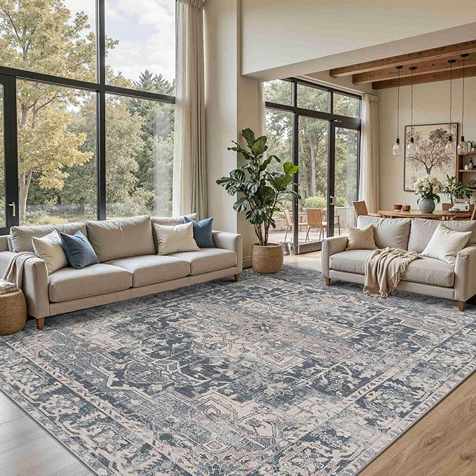 Rugxara 8x10 Area Rugs for Living Room Bedroom, Large Washable Rug, Blue Vintage Retro Boho Rug, Non Slip & Low Pile Faux Wool Thin Carpet for Indoor Dining Room and Kids Room(Blue 8x10ft)
