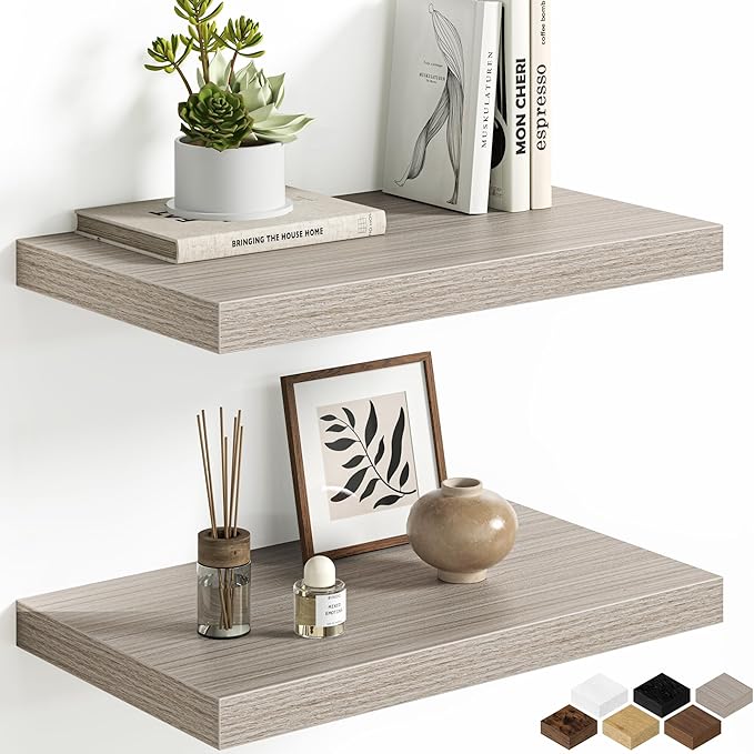 Floating Shelves Set of 2, 12 Inch Deep Floating Shelves with Heavy Duty Brackets, 20'' Rustic Wood Wall Mounted Shelf for Bathroom, Bedroom, Living Room & Kitchen, Modern Home Decor Storage, Gray