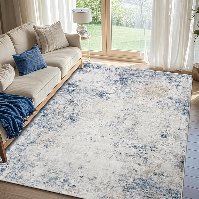 Srugn Washable Rugs 8x10 Area Rugs for Living Room,Modern Abstract Rugs for Bedroom,Large Carpets,Ultra Soft Faux Wool Retro Dining Room Rug,Non Slip&Non-Shedding Low Pile Print Rug- Blue Beige