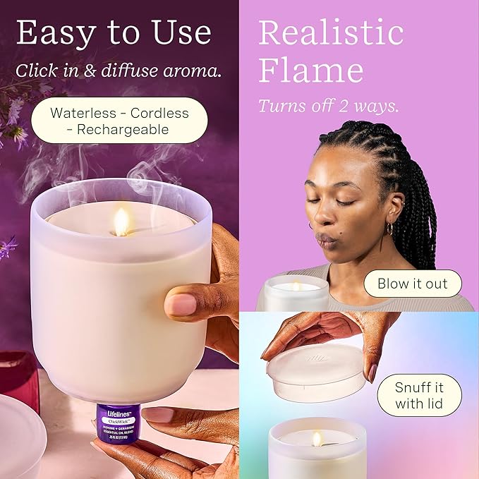 Lifelines Flameless Candle Aromatherapy Essential Oil Diffuser with 4 ClickWick Essential Oil Blends Value Pack - Cordless & Waterless Diffuser for Home - Scented Electric Candles Blow Out Flame