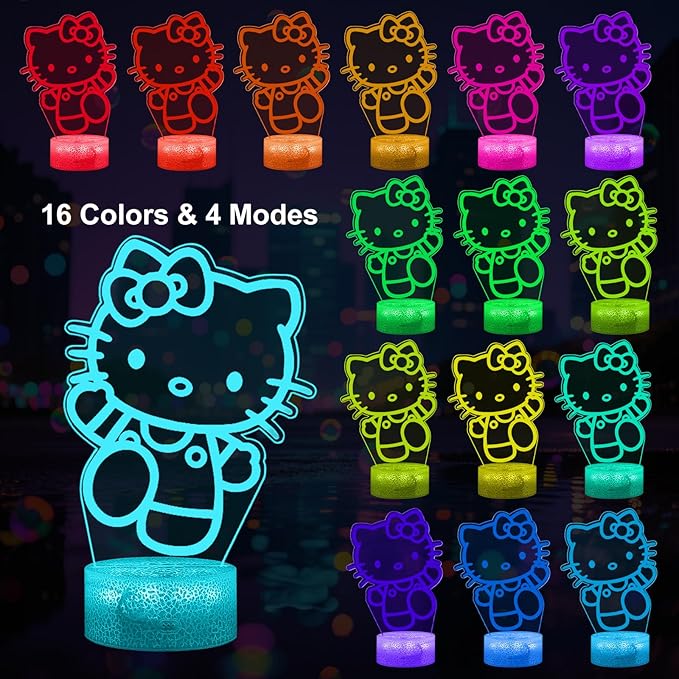Cute Night Light, 3D Bedroom Decor for Birthday Christmas Party Smart Remote Control Boy Gifts for Children's Room Decor 16 Color LED Lamp (Cat Cute)
