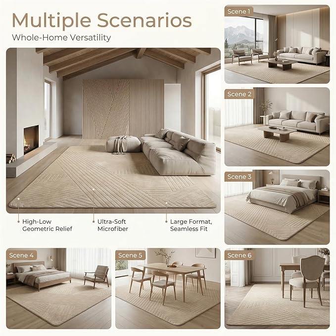 8x10 Solid Color Area Rugs, Brown Modern Geometric Rug, Living Room Rug, Durable Non-Slip Soft High-Low Pile, Fluffy Floor Rugs for Bedroom, Kids Room, Nursery, Home Décor, Light Brown