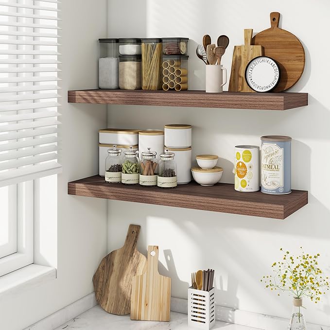 Fun Memories 9.3Inch Deep Floating Shelves for Wall, 30 Inch Rustic Wood Wall Mounted Shelves for Bathroom, Bedroom, Kitchen, Deep Floating Shelf for Storage & Home Decor (Walnut, Set of 2)