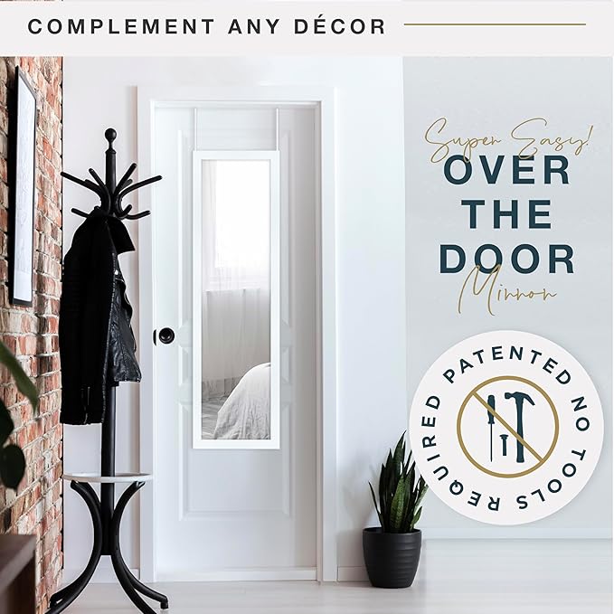 MCS 14.7x50.7 Matte White Over The Door Mirror, Full Length Hanging Mirror for Bedroom & Bathroom Doors, Lightweight Design with Patented No Tools Required Hanging System