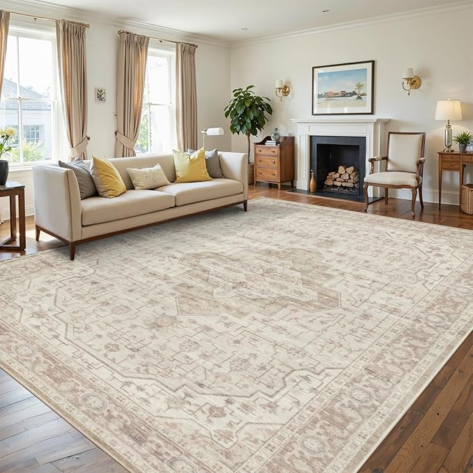 Rugxara 8x10 Washable Area Rug for Living Room, Vintage Neutral Extra Large Boho Rugs for Office, Kids Room, Farmhouse, Durable Low Pile Non Slip Carpet for High Traffic Areas, Cream