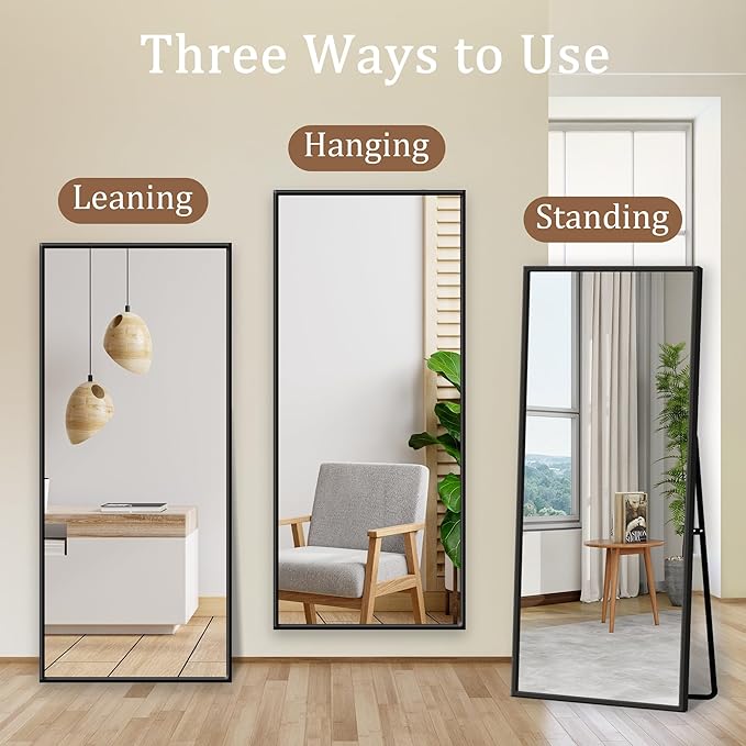 GlasFlength Full Length Mirror with Stand - 56" x 19" Aluminum Alloy Frame Full Body Mirror, Standing Hanging or Leaning Wall Floor Mirror for Bedroom Living Room Dressing Room, Black